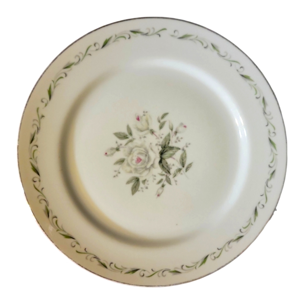 1 Vtg Dinner Plate Romance Diamond China Pink Roses Platinum Rim Floral